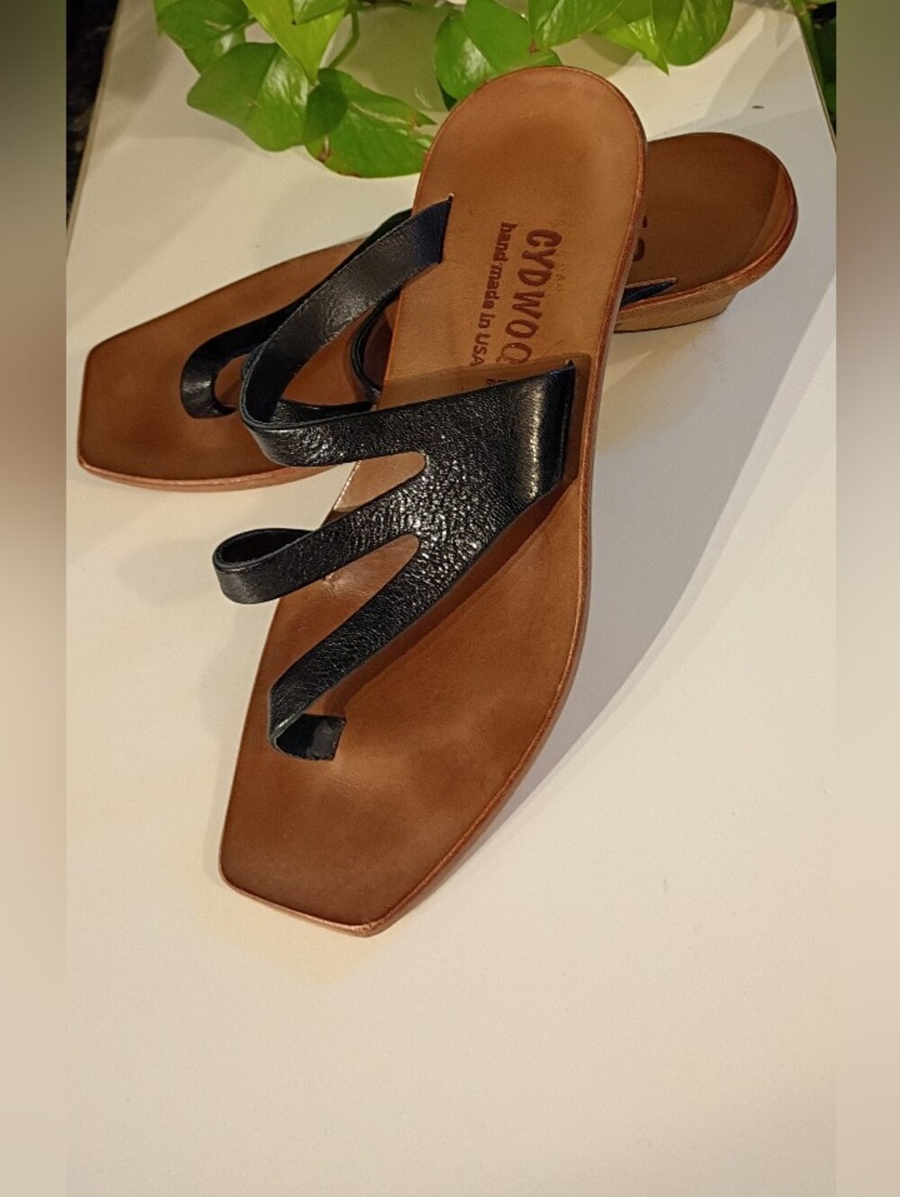 Black Leather Toe-Loop Sandal with Brown Footbed - Women's